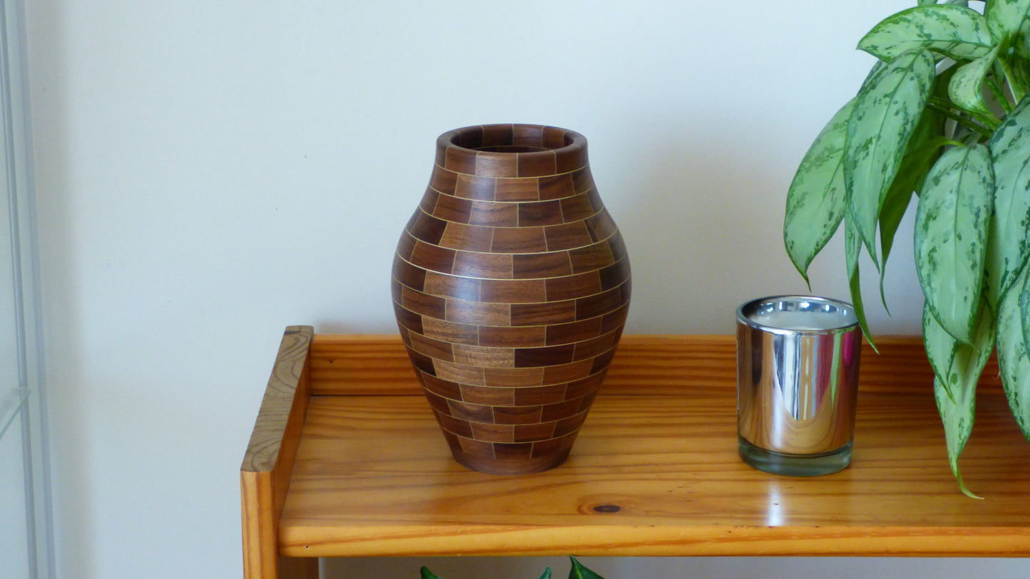 Segmented walnut brick effect vase